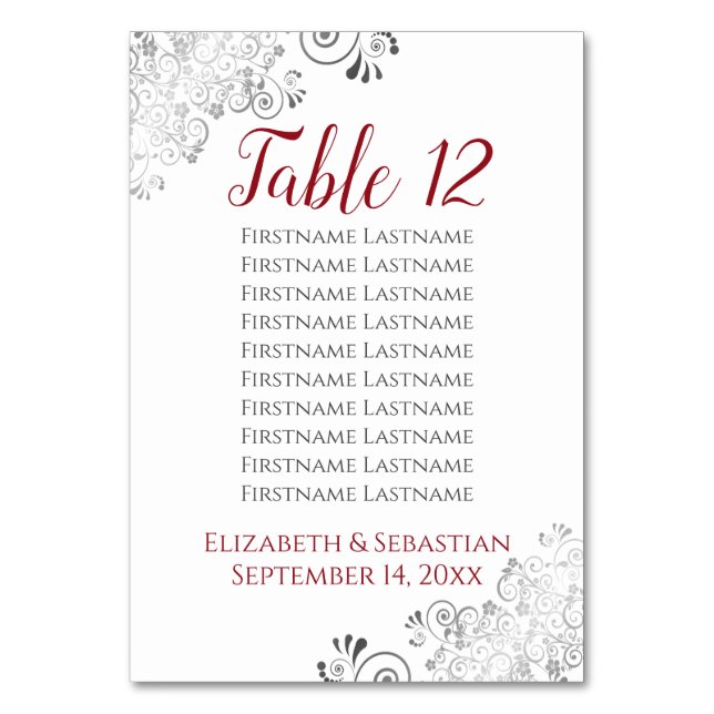 Silver Frills elegante Red Wedding Seating Chart Tischnummer (Rückseite)