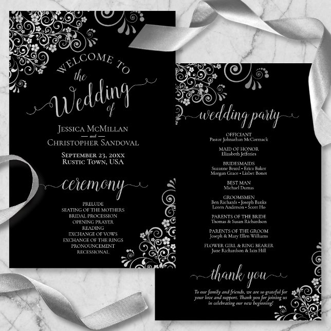 Silver Frills Elegantes Black Budget Hochzeitsprog (Front and Back)
