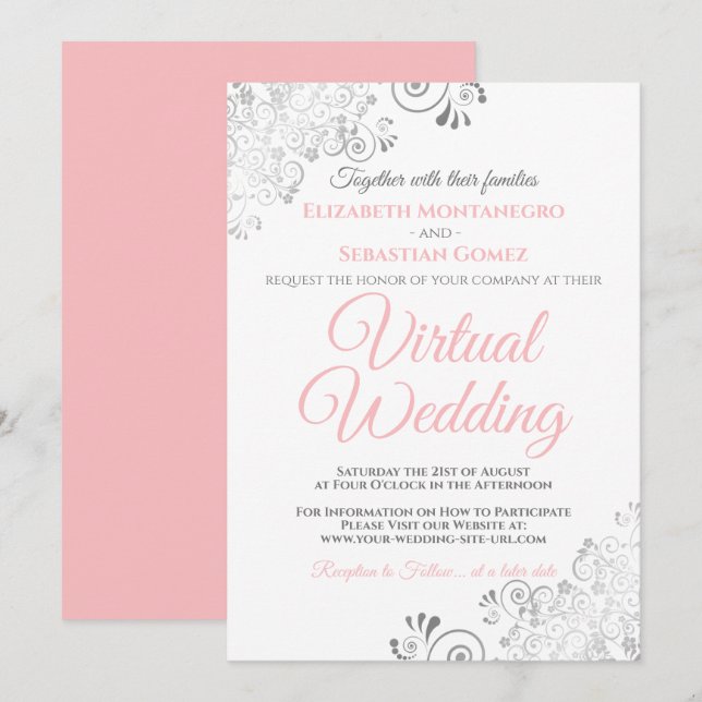 Silver Frills Elegantes Pink & White Virtual Weddi Einladung (Vorne/Hinten)