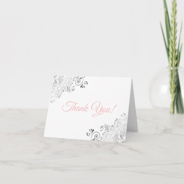 Silver Frills Elegantes White & Pink Wedding Foto Dankeskarte (Vorderseite)