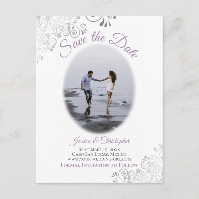 Silver Frills Lavender Wedding Save the Date Foto Ankündigungspostkarte (Vorderseite)