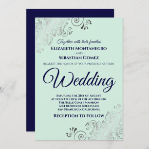 Silver Frills Mint Green & Navy Blue Chic Wedding Einladung