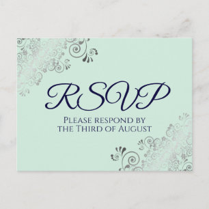 Silver Frills Mint Green & Navy Blue Wedding RSVP Postkarte