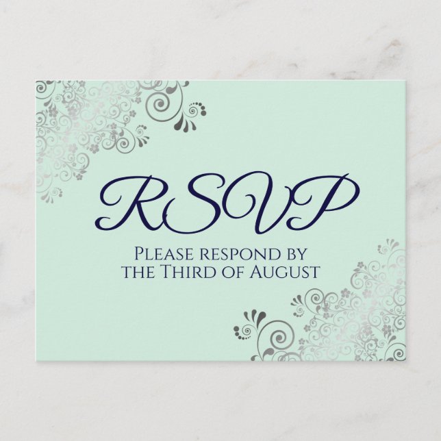 Silver Frills Mint Green & Navy Blue Wedding RSVP Postkarte (Vorderseite)
