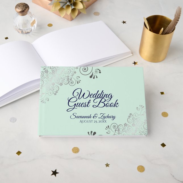 Silver Frills Mint Green & Navy Elegant Wedding Gästebuch (Vorderseite Offen)