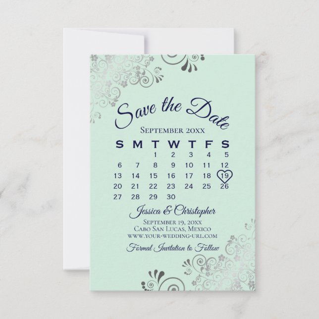 Silver Frills Mint Green & Navy Wedding Calendar Save The Date (Vorderseite)