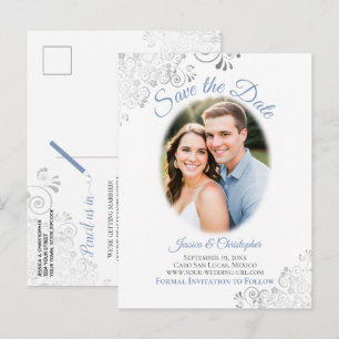 Silver Frills mit Foto Blue Wedding Save the Date Ankündigungspostkarte