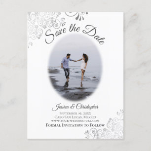 Silver Frills mit Foto Chic Wedding Save the Date Ankündigungspostkarte