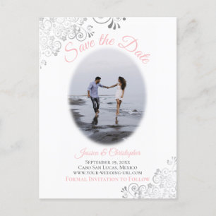 Silver Frills mit Foto Pink Wedding Save the Date Ankündigungspostkarte