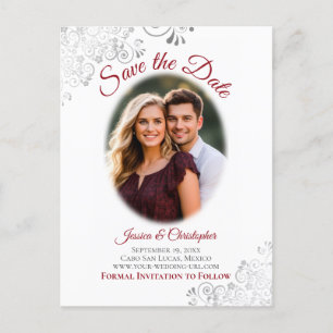 Silver Frills mit Foto Red Wedding Save the Date Ankündigungspostkarte