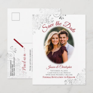 Silver Frills mit Foto Red Wedding Save the Date Ankündigungspostkarte