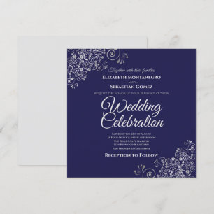 Silver Frills Navy Simple Elegant Square Wedding Einladung