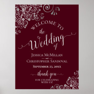 Silver Frills on Burgund Elegant Wedding Willkomme Poster