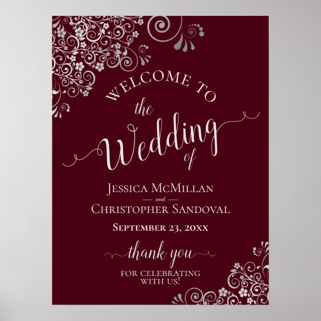 Silver Frills on Burgund Elegant Wedding Willkomme Poster (Vorne)