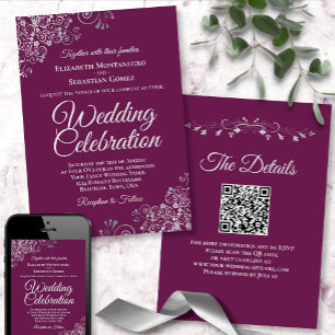 Silver Frills on Magenta Elegant QR Code Wedding Einladung