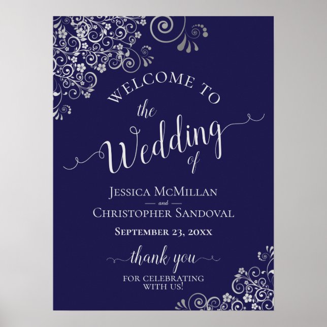 Silver Frills on Navy Blue Elegant Wedding Willkom Poster (Vorne)