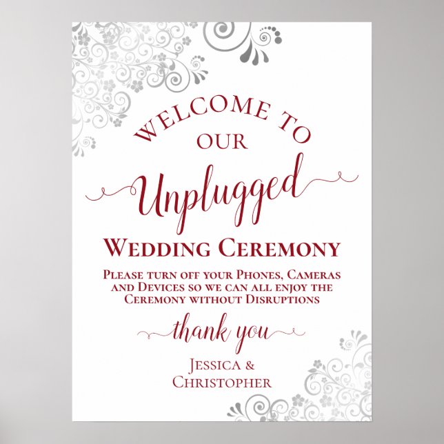 Silver Frills Red Text Unplugged Wedding Zeremonie Poster (Vorne)