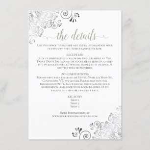 Silver Frills Sage Green auf White Wedding Details Begleitkarte