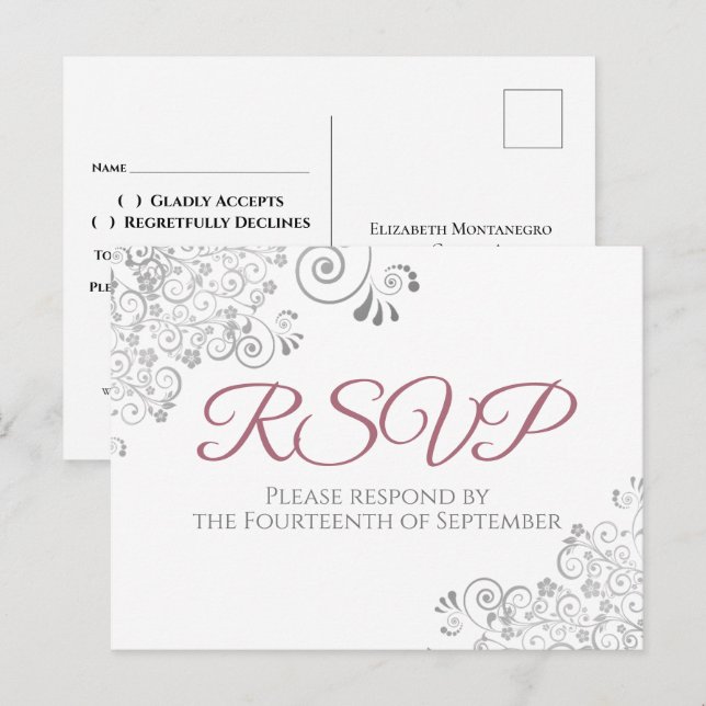 Silver Frills Simple Chic Dusty Rose Wedding RSVP Postkarte (Vorne/Hinten)