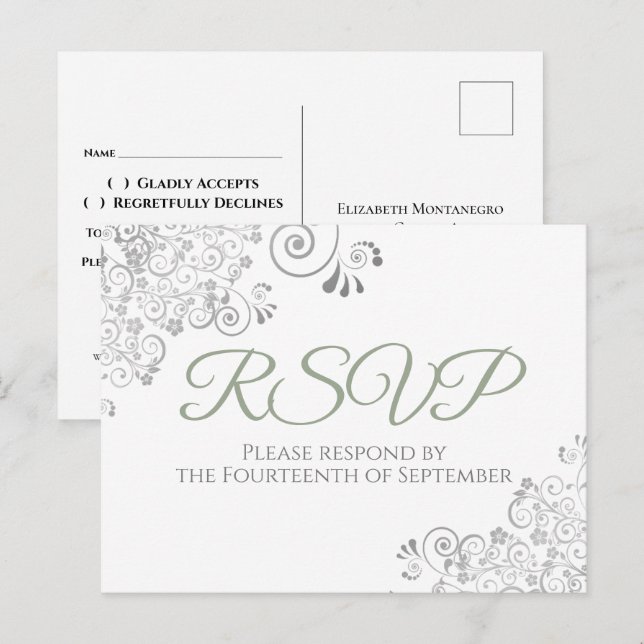 Silver Frills Simple Chic Sage Green Wedding RSVP Postkarte (Vorne/Hinten)