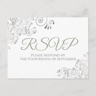 Silver Frills Simple Chic Sage Green Wedding RSVP Postkarte