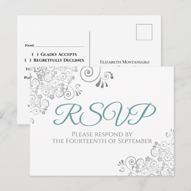 Silver Frills Simple Elegant Aquamarin Wedding RSV Postkarte (Vorne/Hinten)