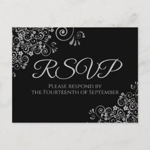 Silver Frills Simple Elegant Black Wedding RSVP Postkarte