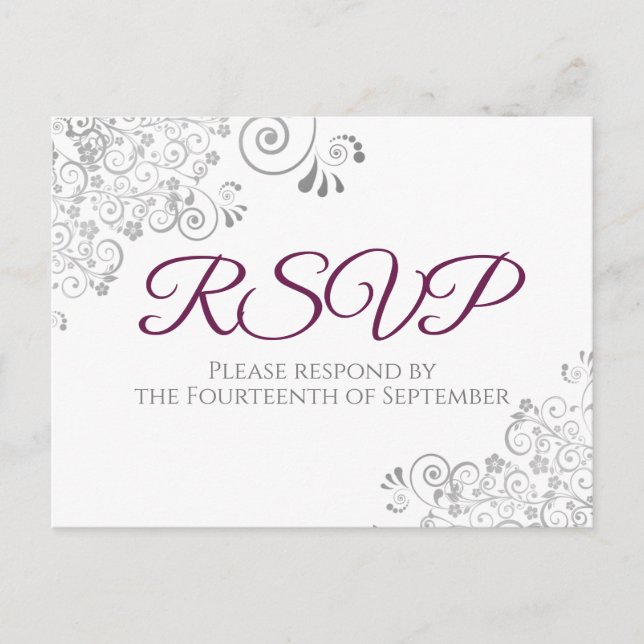 Silver Frills Simple Elegant Cassis Wedding RSVP Postkarte (Vorderseite)