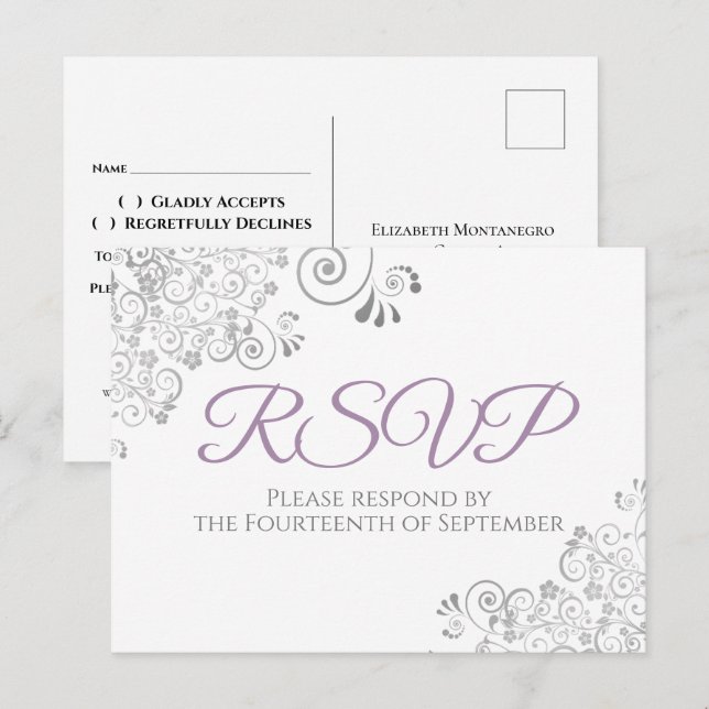 Silver Frills Simple Elegant Lila Wedding RSVP Postkarte (Vorne/Hinten)