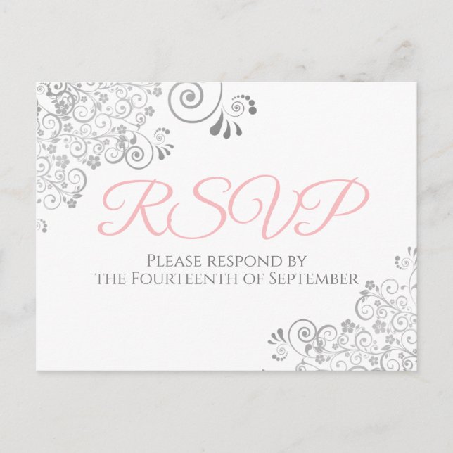 Silver Frills Simple Elegant Pink Wedding RSVP Postkarte (Vorderseite)