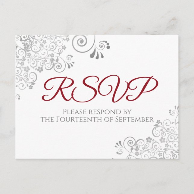 Silver Frills Simple Elegant Red Wedding RSVP Postkarte (Vorderseite)