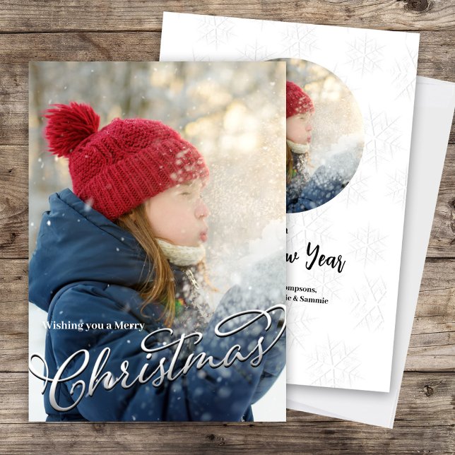Silver Frohe Weihnachts-Script-Foto Feiertagskarte (Merry Christmas Silver Calligraphy Script Photo Card)