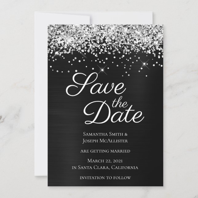 Silver Funkelnd Glitzer Black Ombre Foil Save The Date (Vorderseite)