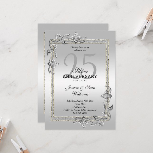 Silver Gem & Glitzer 25. Hochzeitstag Einladung (Vorderseite/Rückseite Beispiel)