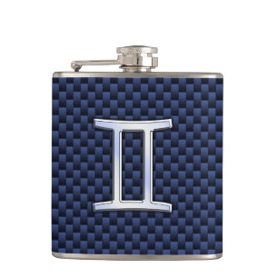 Silver Gemini Zodiac Sign Blue Carbon Fibre Print Flachmann