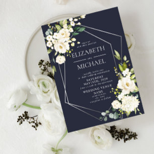 Silver Geometric Navy White Floral Wedding Einladung