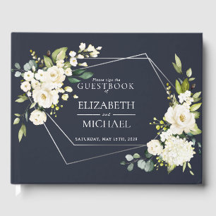 Silver Geometric Navy White Floral Wedding Gästebuch