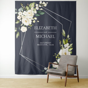 Silver Geometric Navy White Floral Wedding Wandteppich