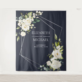 Silver Geometric Navy White Floral Wedding Wandteppich