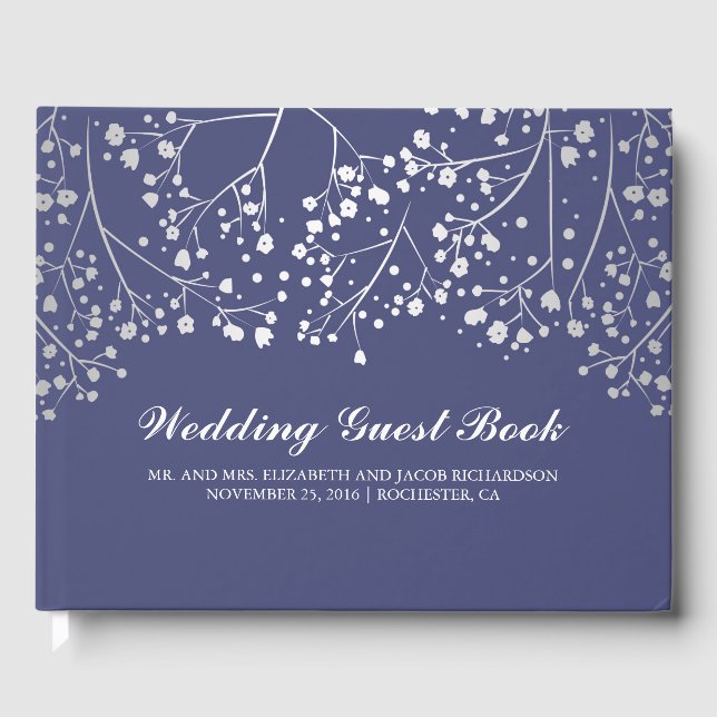 Silver Gipskraut Floral Elegant Navy Hochzeit Gästebuch (Vorderseite)