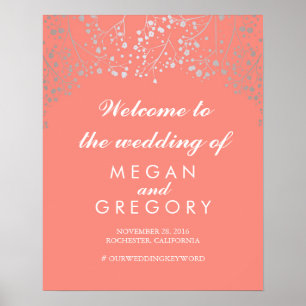 Silver Gipskraut Wedding Welcome Sign Coral Poster