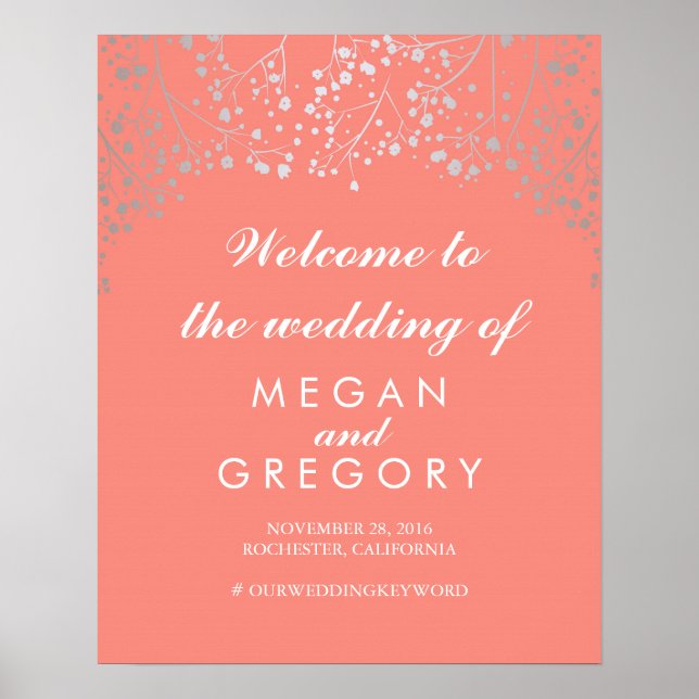 Silver Gipskraut Wedding Welcome Sign Coral Poster (Vorne)