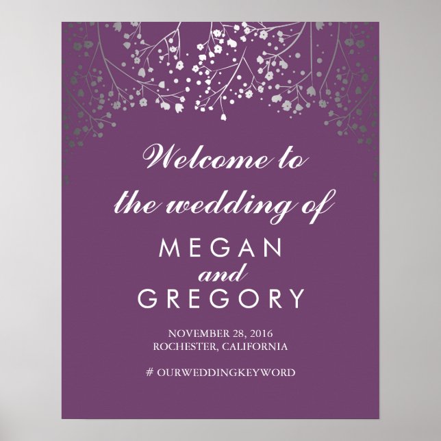 Silver Gipskraut Wedding Welcome Sign Plum Poster (Vorne)