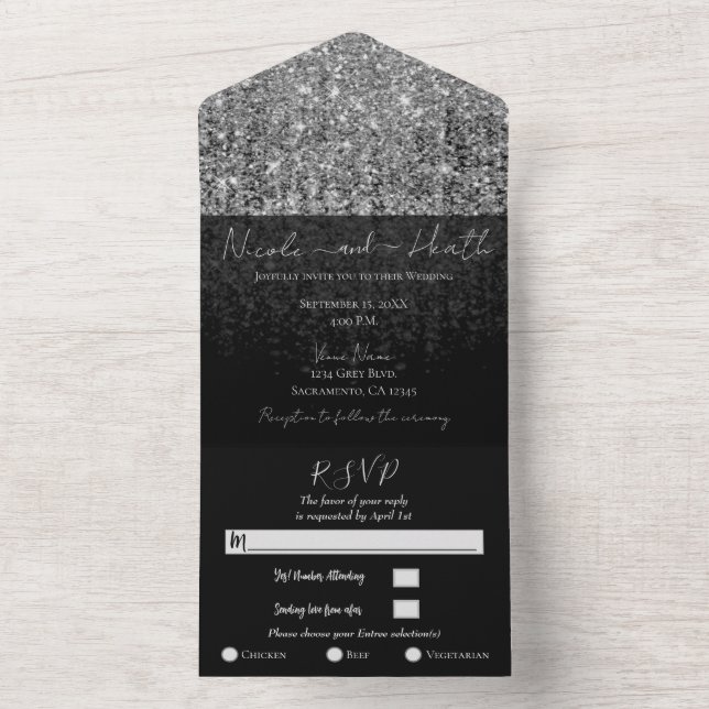 Silver Glam Glitzer Moderne Sparkle Hochzeit All In One Einladung (Innen Boden)
