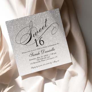 Silver Glam Glitzer Sweet 16 Square Einladung