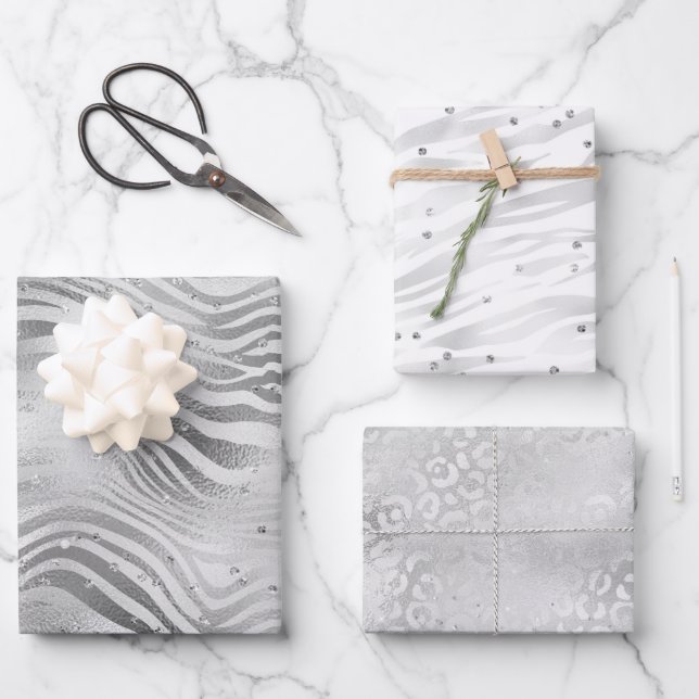 Silver Glam Sparkle Glitzer Geschenkpapier Set (Vorderseite)