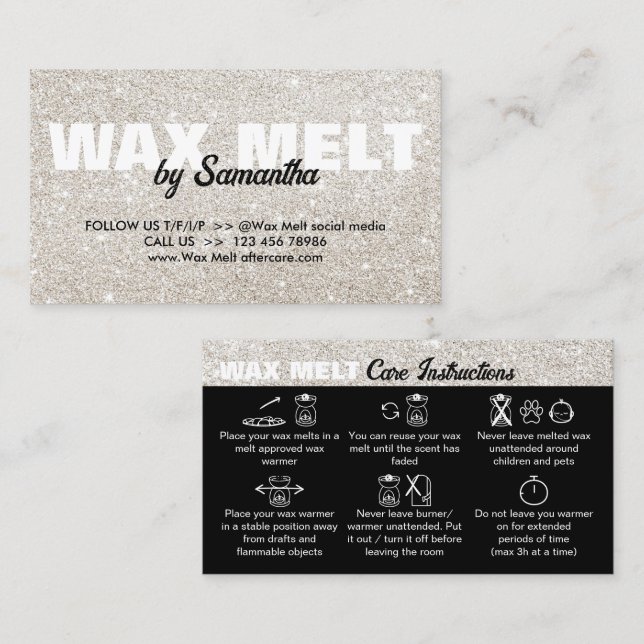 Silver Glam Wax Melt Care Instruktionen Visitenkarte (Vorne/Hinten)