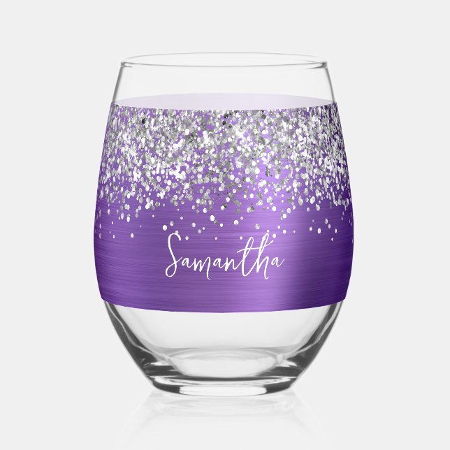 Silver Glitter Amethyst Glam Name Weinglas Ohne Stiel (Vorderseite)