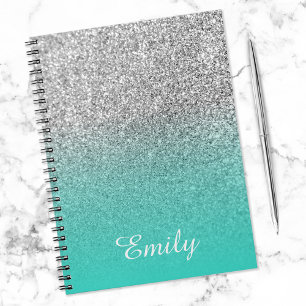 Silver Glitter and Turquoise Ombre Personalized Notizblock