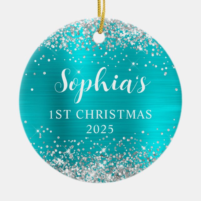 Silver Glitter Aqua Blue Foil 1st Christmas Photo Keramik Ornament (Vorne)